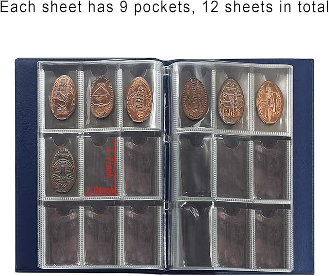 108 Pockets Pressed Penny Collecting Album Book, Portable Smashed Pressed Penny Album Book Holder for Collectors, Suitable for Work or Travel (Blue)