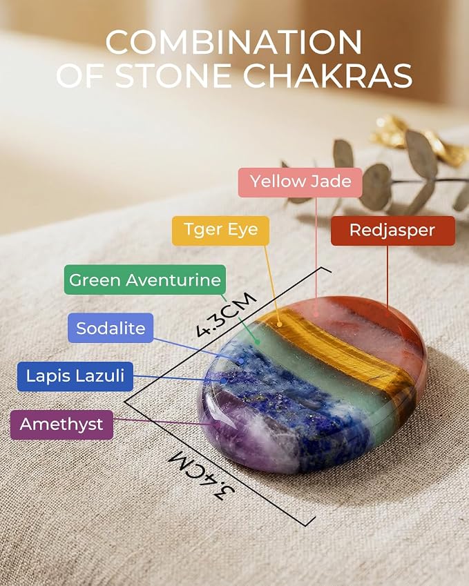 7 Chakra Thumb Worry Stone for Anxiety Relief - Natural Healing Crystals for Stress Relief, Meditation & Reiki - Oval Pocket Sensory Fidget Alleviate - Spiritual Birthday Gifts for Women & Mom