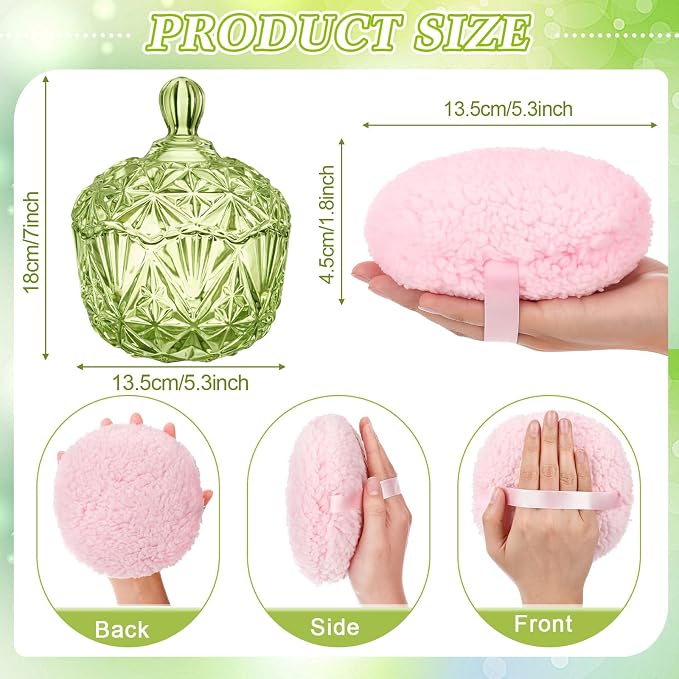 Extra Large Body Powder Puff and Container, 5.3'' Crystal Container with 5.3'' Oversize Dust Powder Puff Washable Reusable Face Body Wet Dry Makeup Gift(Green, Diamond)