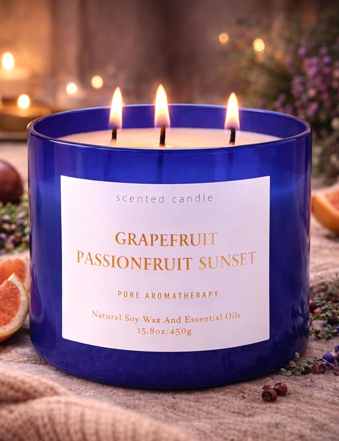 Grapefruit Passionfruit 3-Wick Summer Scented Soy Candle for Home, 15.8oz | Sweet Tropical & Fruity Scented Candles, Aromatherapy Relaxing, Strong Throw, Clean Burn, Large Candle Gift for Women & Men