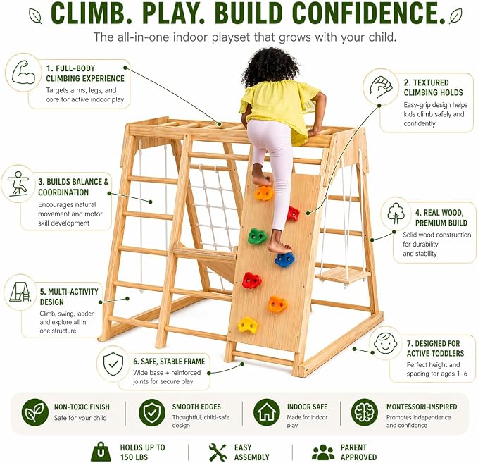 Avenlur Premium Wooden Indoor Climbing Gym for Kids – Montessori Playset with Climbing Wall, Ladder, Rope Net & Swing – Solid Natural Wood Toddler Playground, Ages 1–6