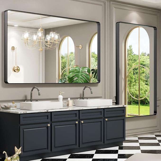 LOAAO 60X36 Inch Black Bathroom Mirror Metal Framed | Rounded Rectangle, Matte Black Bathroom Vanity Mirror, Anti-Rust, Tempered Glass, Hangs Horizontally or Vertically