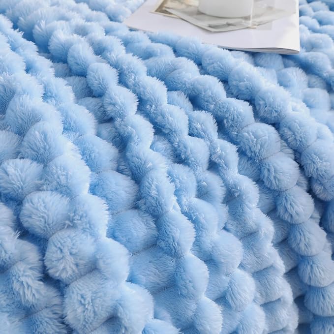 Light Blue Fleece Throw Blanket 60”×80” for Couch Sofa Bed Super Soft Cozy Plush Microfiber Flannel Blanket with 3D Jacquard Decorative Lightweight for Mom Woman