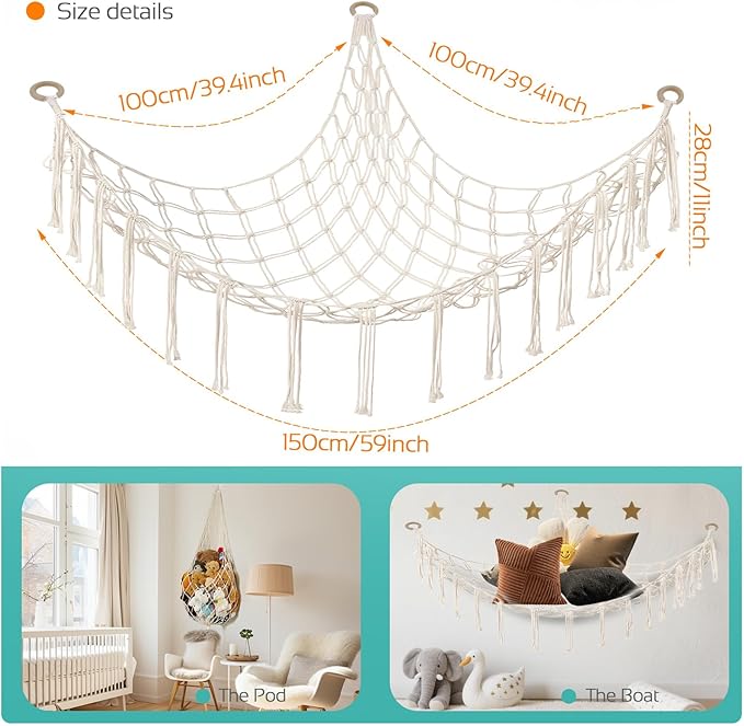 Stuffed Animal Storage Hammock Large Toy Storage Net Stuff Animal Hanging Organizer Holder for Plush Plushie Included Anchors & Hooks Teddy Bear Storage Boho Room Decor