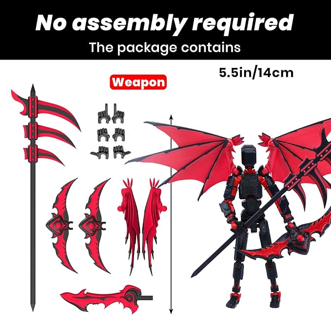 Titan 13 Robot Action Figure,Dummy 13,Articulated Robot with Demon Wings, 3D Printed robo 13 Action Figure Articulated (Rose red)