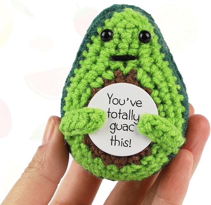 Hoedia Handmade Emotional Pickle Gift, Cucumber Crochet Doll Inspirational Gifts with Cards, Cute Knitted Funny Support Pickle Avocado Friend Birthday (Positive Avocado)