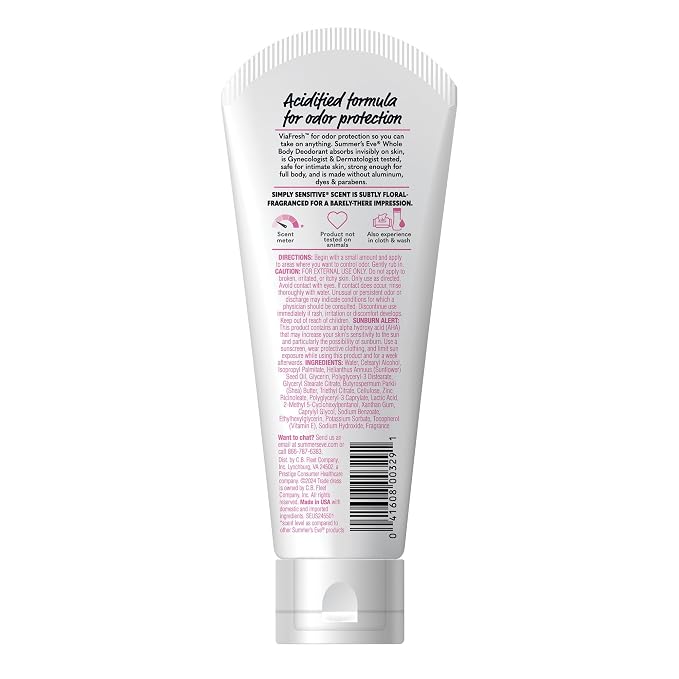 Summer's Eve Simply Sensitive Whole Body Deodorant for Women, Aluminum-Free Ultimate Odor Control Cream, 3 Oz (Pack of 2)