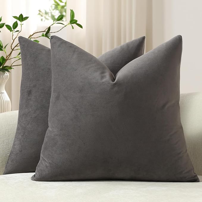 Euro Sham Covers 26x26 Dark-Grey: Pack of 2 Cozy Soft Velvet Square Modern Luxury Decorative Throw Pillow Cases for Sofa Couch Living Room Bed Home Decor