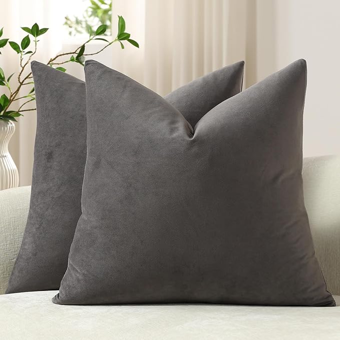 Throw Pillow Covers 22x22 Dark-Grey: Pack of 2 Cozy Soft Velvet Square Modern Luxury Decorative Throw Pillow Cases for Sofa Couch Living Room Bed Home Decor
