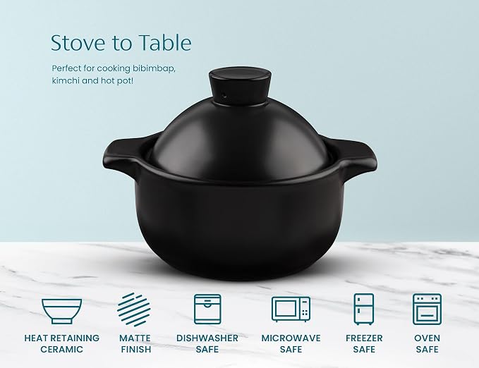 Kook Korean Dolsot Bowl with Lid, 68 oz | Donabe Style Cookware for Bibimbap, Kimchi, Soups & Stews | Oven & Dishwasher Safe, Black