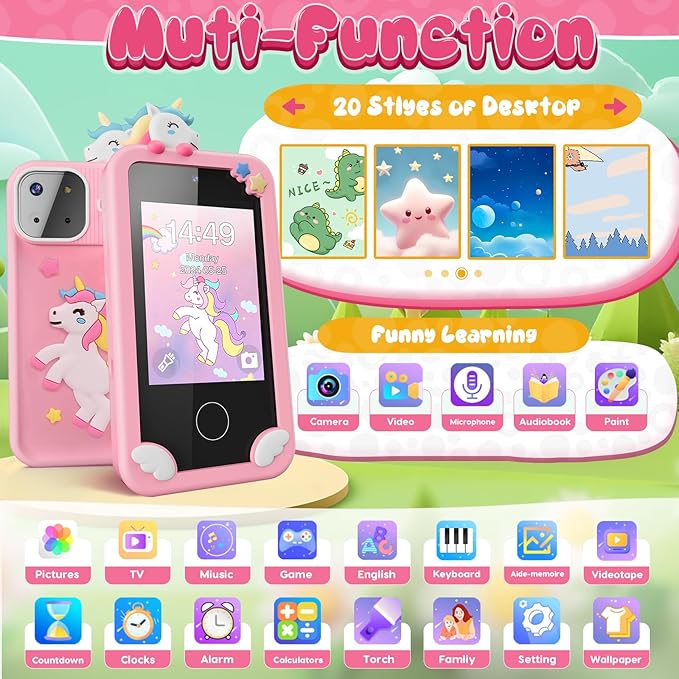 Luyiilo Kids Smart Phone Toys for Girls,Unicorn Gift Toys for Girls Ages 3-9 Christmas Birthday Gifts Mini Smart Phone Toys With 2.8" Touchscreen 16 Learning Games Dual Camera Music Player, 8G SD Card