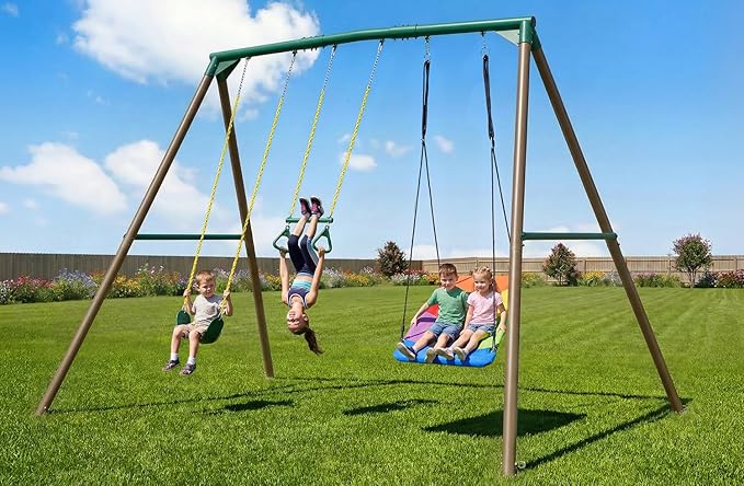 Hapfan 9.5' Tall Swing Sets for Backyard with Platform Swing, Heavy Duty Metal Swingset Outdoor for Kids with Trapeze Bar (Green and Brown)