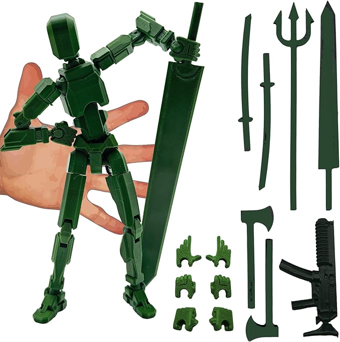 3D Printed Enlarge Body Size 8.1-inch Action Figure Dummy20, Full Body Mechanical Movable Toy, Multiple Accessories, Desk Decoration (Bracket, 3 HandsType, Weapons, Armour) (Army Green)