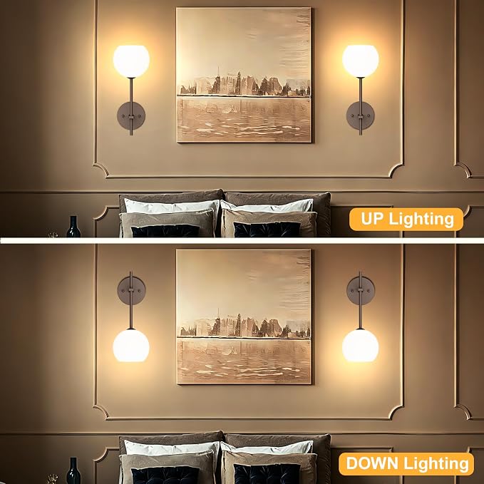 Brown Battery Operated Wall Sconces Set of 2, Rechargeable Wireless Wall Lights with Milky White Frosted Glass, 12 RGB and 3CCT Dimmable Wall Lamps with Remote for Bedroom Living Room Hallway