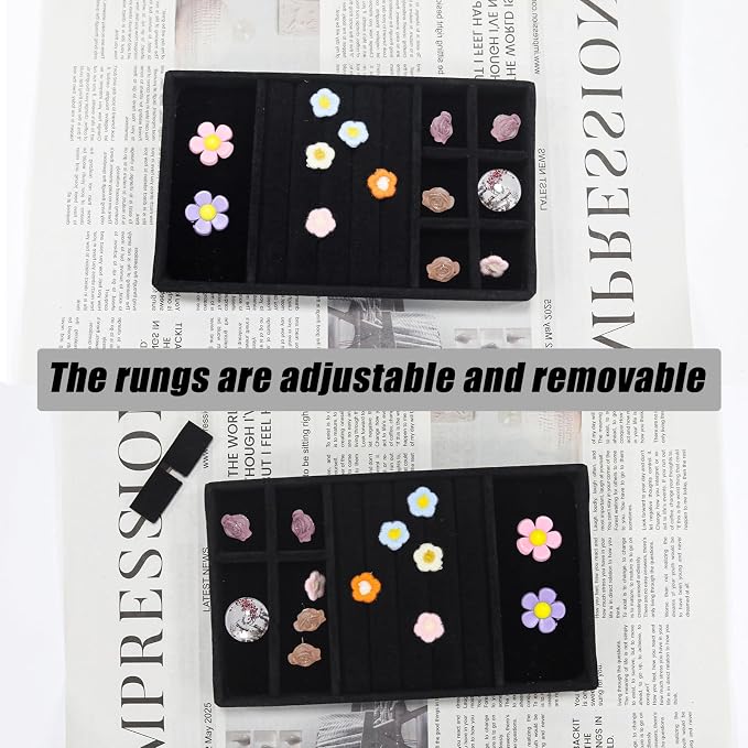 Velvet Jewelry Organizer Tray, Black 3-in-1 | Stackable Jewelry Storage Display Tray with Removable Dividers for Drawer Dresser Cloest Organizer