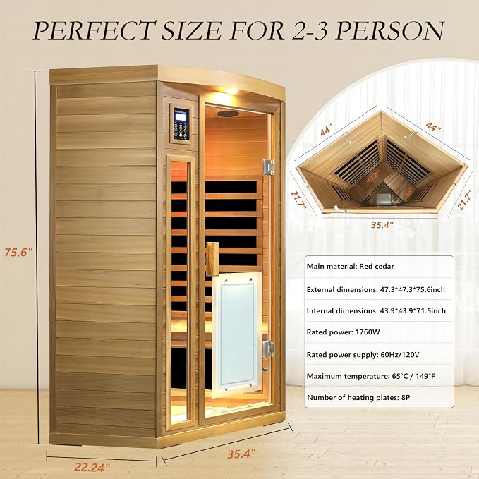 Kanlanth 2-3 Person Infrared Sauna, Red Cedar Wood (0-5mg Ultra Low EMF Infrared Saunas for Home, 1760watt Indoor Personal Sauna with Door Heating Panels, Outdoor Lamps, Blue-Tooth, Dual Control