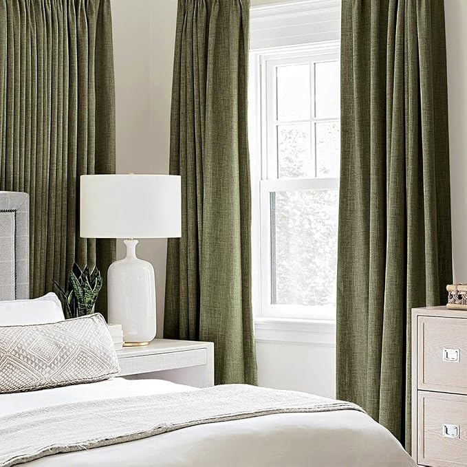 MIULEE Linen Texture Curtains for Bedroom Solid 100% Blackout Thermal Insulated Light Olive Green Curtains Grommet Room Darkening Drapes for Living Room 52x45 Inch (2 Panels)