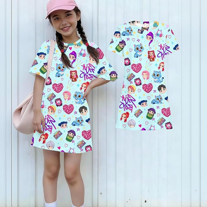 Girl's Anime K-POP Graphic Long Dress T-Shirt - Casual Loose Fit Short Sleeve Top