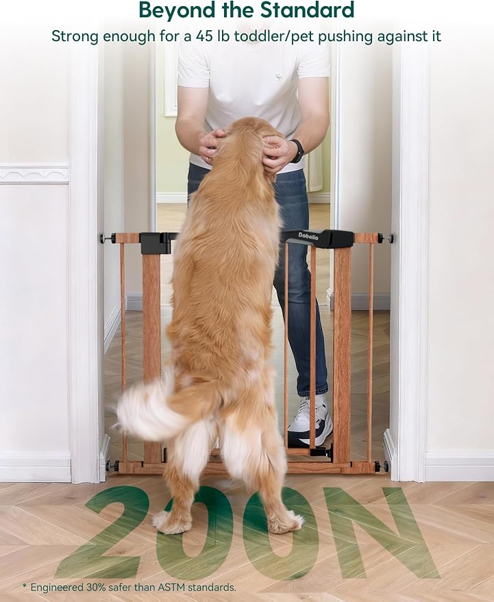 Babelio Metal Auto Close Baby Gate PressGuard P7, 29"-55" Wide Extra Wide Pet Gate for The House and Doorways, Pressure Mounted Walk Thru Child Gate with Door, Brown Wood Pattern
