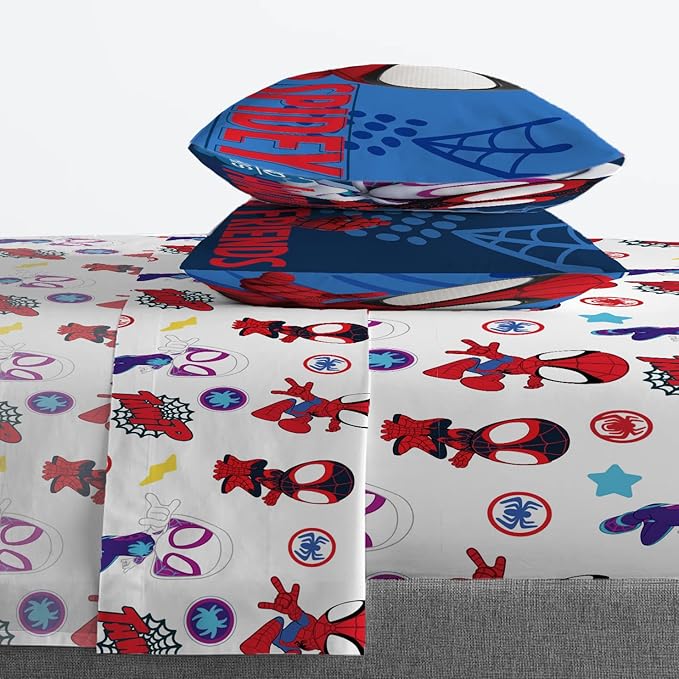 Jay Franco Kids Sheet Set with Fitted, Flat Sheets & Pillow Cover - Ultra-Soft Bedding with Pillowcase for Room Decor, White - Spidey & Friends, 4 Piece Full