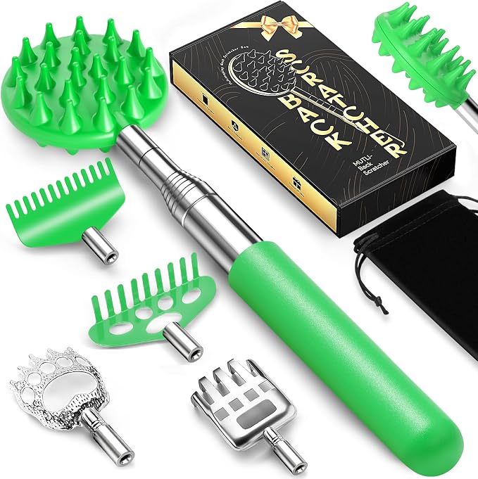 TUKUOS Telescoping Back Scratcher with 5 Detachable Scratching Heads, Valentines Day Gifts for Him Men, Anniversary Birthday Gifts for Men Women Back Scratcher for Men/Dad/Women/Adults - Green