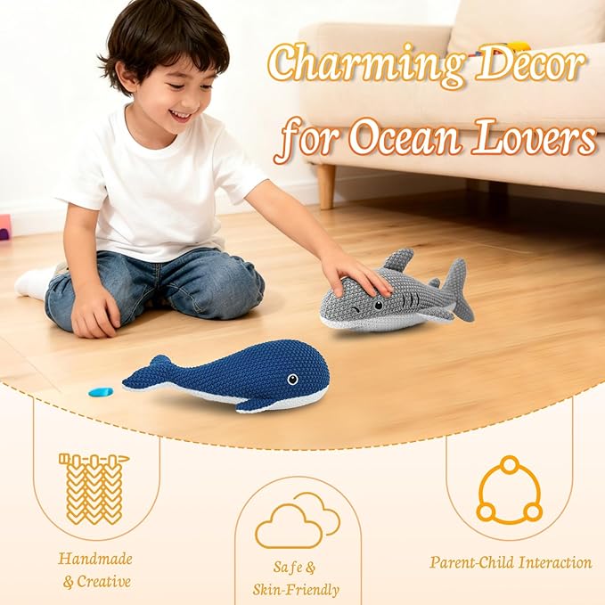 Crochet Stuffed Animals 2-Pack (Shark & Whale), 10 Inches Soft Cotton Ocean Plush Toys, Cute Hand-Crocheted Sea Plushies, Birthday for Boys Girls Kids & Adults