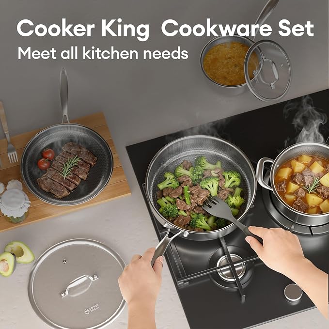 COOKER KING 10pcs Pots and Pans Set Non Stick, Stainless Steel Cookware Set | Hybrid, Non Toxic, Dishwasher and Oven Safe, All Cooktop Compatible, Stay-Cool Handles, PFOA Free