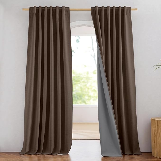 NICETOWN Brown Vintage Linen 100% Blackout Curtains for Living Room, W52 x L90 in, Set of 2, Thermal Insulated Curtains with Light Blocking Liner, Noise Reducing Window Treatments for Home Cinema