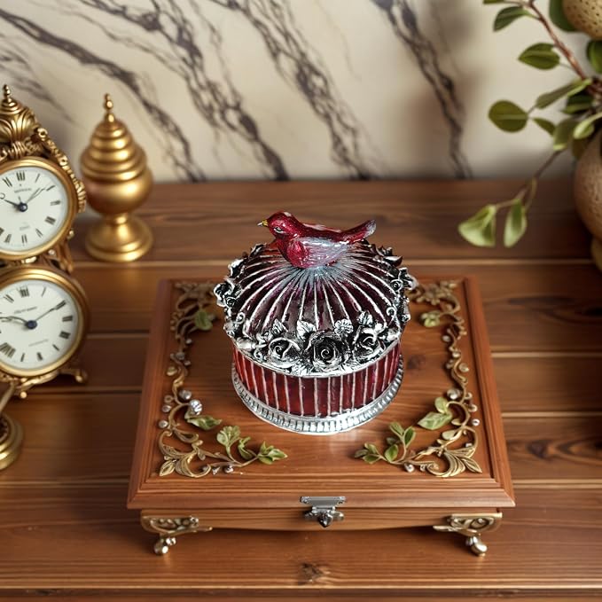 Vintage Birdcage Jewelry Box, Trinket Keepsake Holder with Red Bird & Black Roses, Antique Silver Resin Decorative Storage Container for Rings, Earrings, Vanity & Shelf (bird)