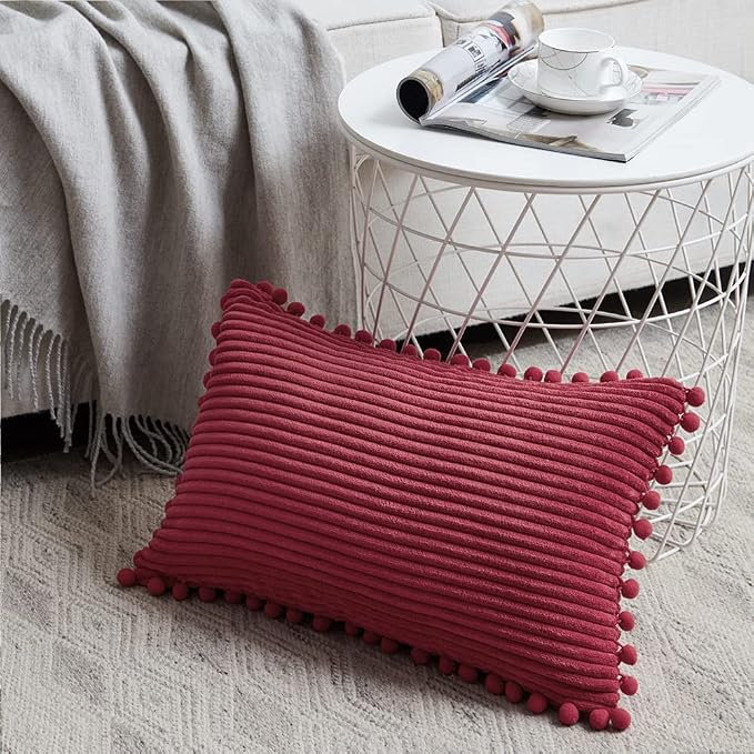 Fancy Homi 2 Packs Burgundy Lumar Decorative Throw Pillow Covers 12x20 Inch with Pom poms, Christmas Home Decor, Soft Corduroy Accent Rectangle Cushion Case for Living Room Couch Bed Sofa