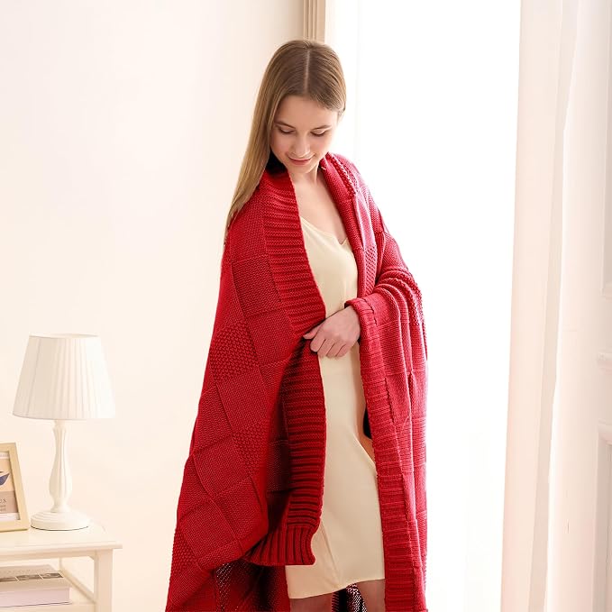 CozeCube Christmas Red Knitted Checkered Throw Blanket 50"X60" | Check Knit Throw for Couch, Decorative Christmas Soft Cozy Warm Blanket for Bed Sofa Living Room