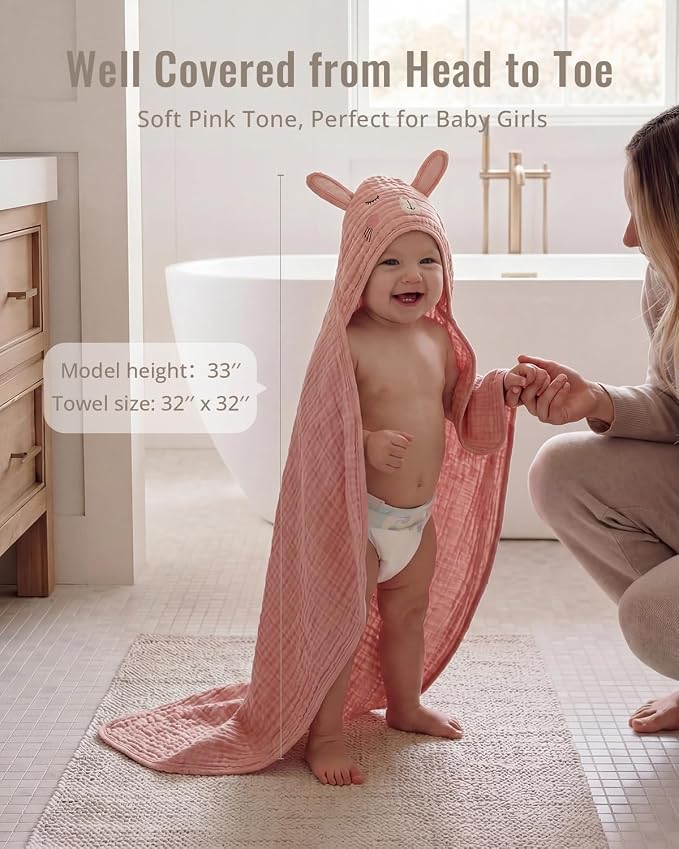 Blissful Diary Muslin Baby Hooded Towel 2 Pack, Soft & Absorbent Bath Towel for Infant, Toddler, Unisex, Baby Gift, Newborn Essentials, Wise Elephant & Sweet Bunny