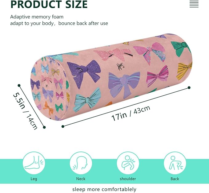 Colorful Pink Bows Neck Roll Pillow Bolster Round Health Memory Foam Long Cervical Cylinder Pillows with Removable Washable Cover for Body Bed Legs Back Yoga