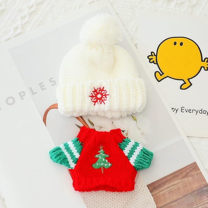 Christmas Hat Clothes for Dolls Accessories, Stylish Kawaii Festive Christmas Tree Sweater Outfit Set 2 Pieces Suitable for 15cm 17cm Doll , Xmas Doll Clothing Set Replacement