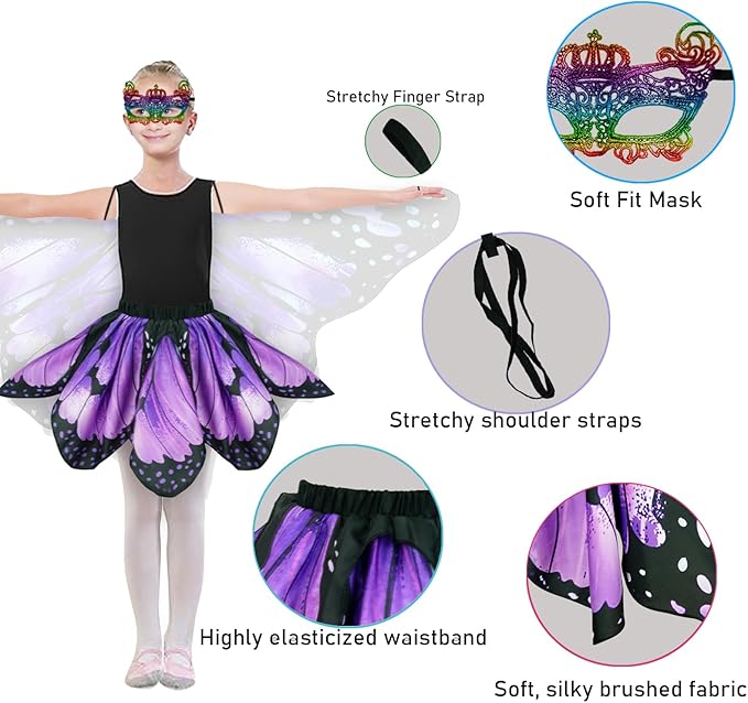 Kids Butterfly Wings Costume for Girls Fairy-Wings Toddler Dress Up Play Costumes Butterfly Skirt Set Mask Party Favors Gifts(Purple+skirt sets)