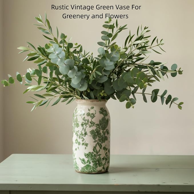 Vintage Green Floral Ceramic Vase, 8 Inch Crackle Glaze Rustic Handmade Vase, Decorative Pottery for Fresh or Dried Flowers, Farmhouse Cottage Modern Rustic Decor