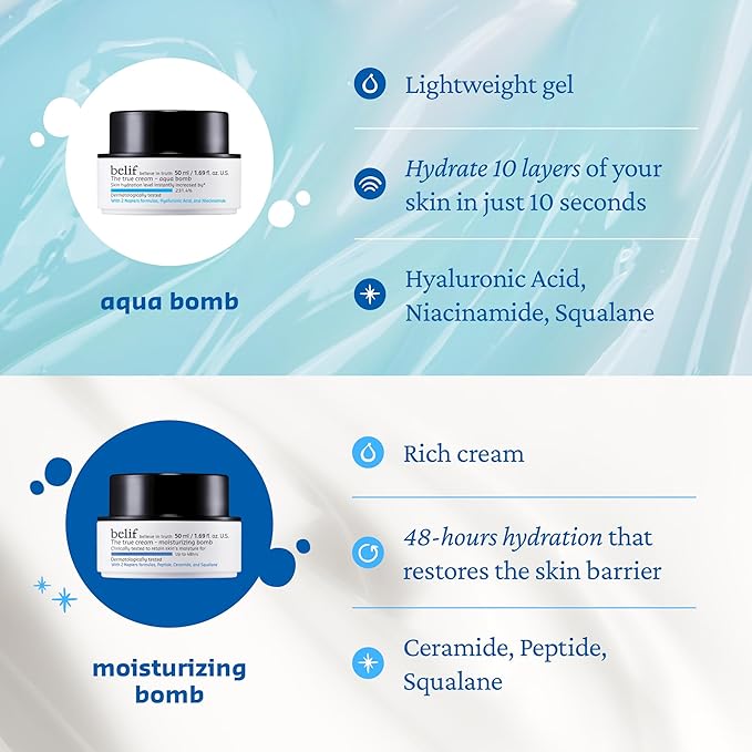 belif Aqua Bomb – Lightweight Gel Moisturizer with Niacinamide, Hyaluronic Acid & Squalane | 72H Hydration + Cooling Effect, Korean Skincare (3.3 fl oz)