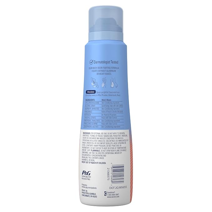 Secret Aluminum Free Whole Body Deodorant Spray for Women, 72hr Sensitive Freshness & Odor Defense, PH Balanced, Invisible Protection, Safe to Use Everywhere, Peach & Vanilla Blossom Scent, 3.5 oz