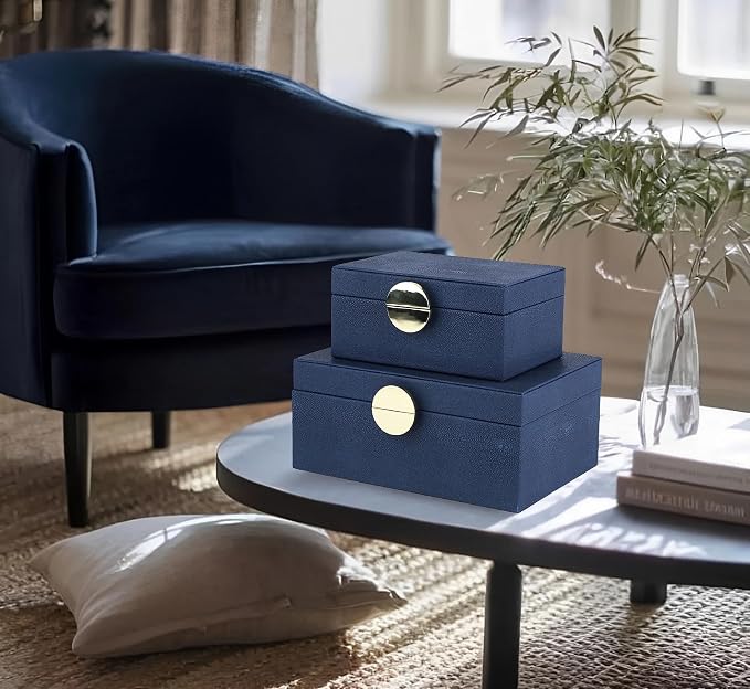 HofferRuffer Faux Leather Jewelry Boxes, Decorative Boxes Storage Accessory Organizer with Gold Hardware Decor, Classic Vegan Leather Set of 2 Pieces (Navy Blue)