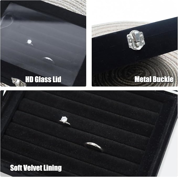 Small Velvet Jewelry Tray with Clear Lid, 8 Rolls Black | Lockable Ring Earring Holder Organizer Storage Box Case Jewelry Box Organizer for Rings Earrings Bracelets Brooches