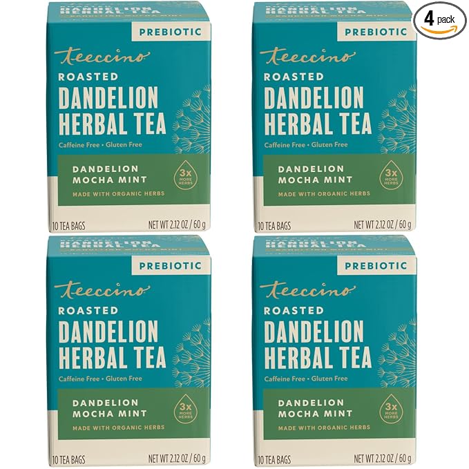 Teeccino Dandelion Root Tea - Mocha Mint - Caffeine Free, Roasted Herbal Tea with Prebiotics, 3x More Herbs than Regular Tea Bags, Gluten Free - 10 Tea Bags (Pack of 4)