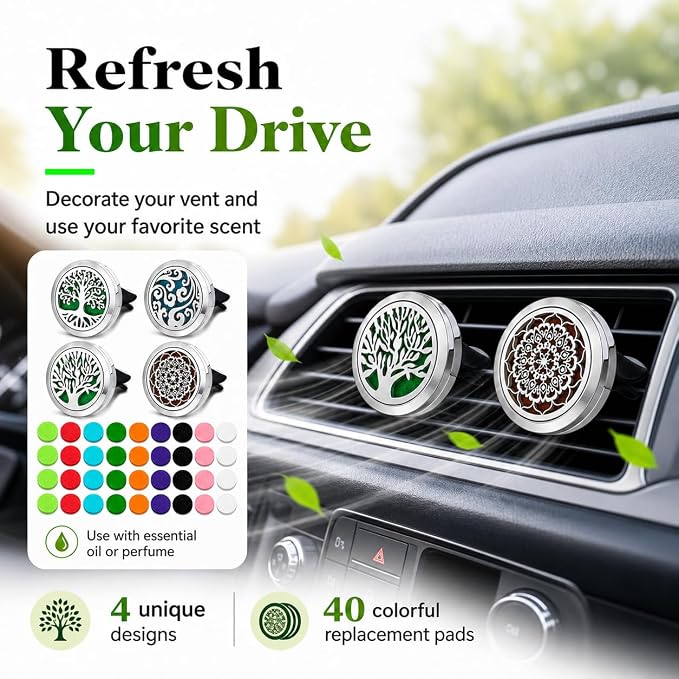4 Pack Car Vent Essential Oil Diffuser Clips, Silver Tree of Life Air Freshener Vent Clips with 40 Colorful Felt Pads, Reusable Metal Car Aroma Diffuser for Essential Oils, Perfume
