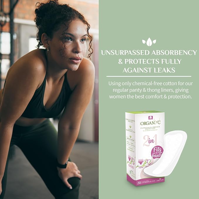 Organyc 100% Certified Organic Cotton 2 in 1 Panty Liners for Women Fits Thong or Regular Underwear, Light Flow, 20 Count