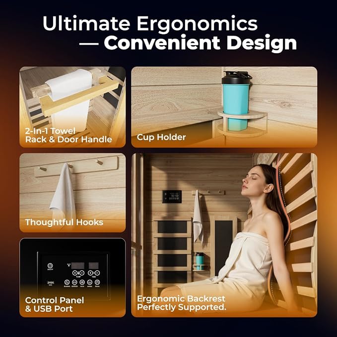 2 Person Far Infrared Sauna, Canadian Hemlock Thickened Wood, Extra-Thick Explosion-Proof Glass, 2000W Low EMF 110V with 7 Heaters, Chromotherapy Lights, Control Panel, Bluetooth Speaker, Natural Wood