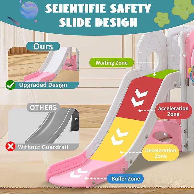 12 in 1 Toddler Slide, Astronaut Themed for Baby Slide Toddlers Aged 3+, with Astronaut,Telescope, Basketball Hoop and Ring Toss, Toddler Playset Pink Gray Combo