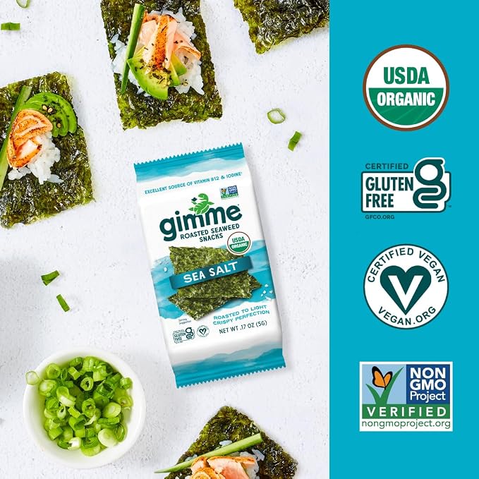 Gimme Seaweed Organic Premium Roasted Seaweed Snacks, Sea Salt, Keto, Vegan, Gluten-Free, Great Source of Omega3s and Iodine, Healthy On-The-Go Snack for Kids and Adults, 20 Count (Pack of 2)