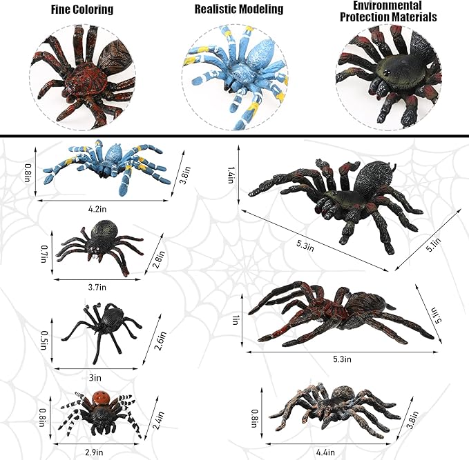 Sumind 8 Pieces Halloween Realistic Fake Spiders Lifelike Plastic Insect Figures Giant Spiders Action Model for Educational Learning Halloween Prank Props Party Decorations Supplies
