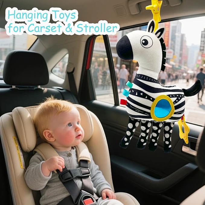 Baby Hanging Toys, Plush Animal Stuffed Sensory Toys for Carseat Stroller Car Seat Crib Play Gym, Baby Toys for 0 3 6 9 12 Months, Baby Boys and Girls Gift (Zebra)