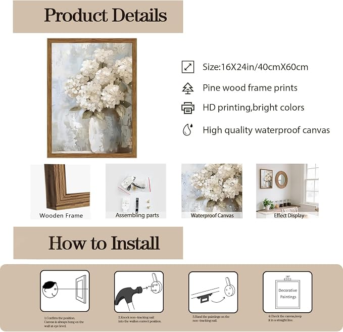 Framed Vintage Canvas Wall Art, White Hydrangea Floral Wall Decor Paintings, Flower Pictures Prints Aesthetic Home Decor for Living Room Bedroom Bathroom Office 16x24 inch