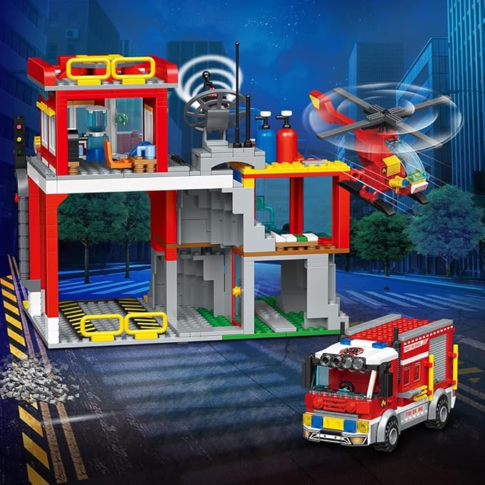 MindBox City Fire Rescue Building Set with Fire Station, Truck & Helicopter,772pcs Toy for Boys 8+